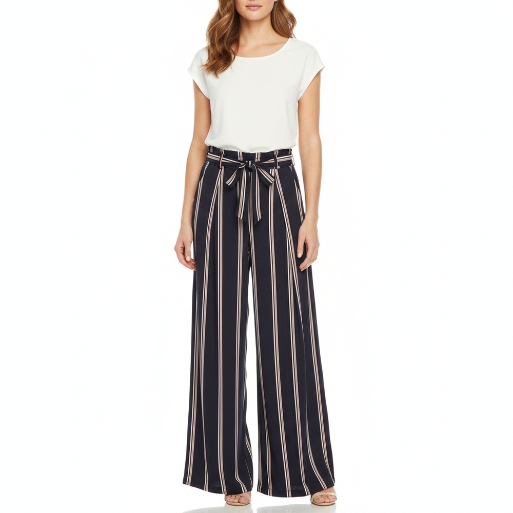 Harper & Me Palazzo Pants Navy Blue Striped Wide Leg Paperbag Womens Size XL
